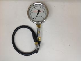 round gauge 4" wide, liquid filled, rubber hose attached